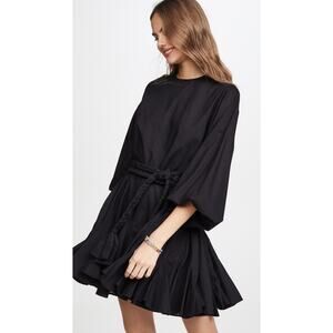 Rhode‎ Ella Mini Dress Black XS Braided Belt Balloon Sleeve Cotton Godet Hem